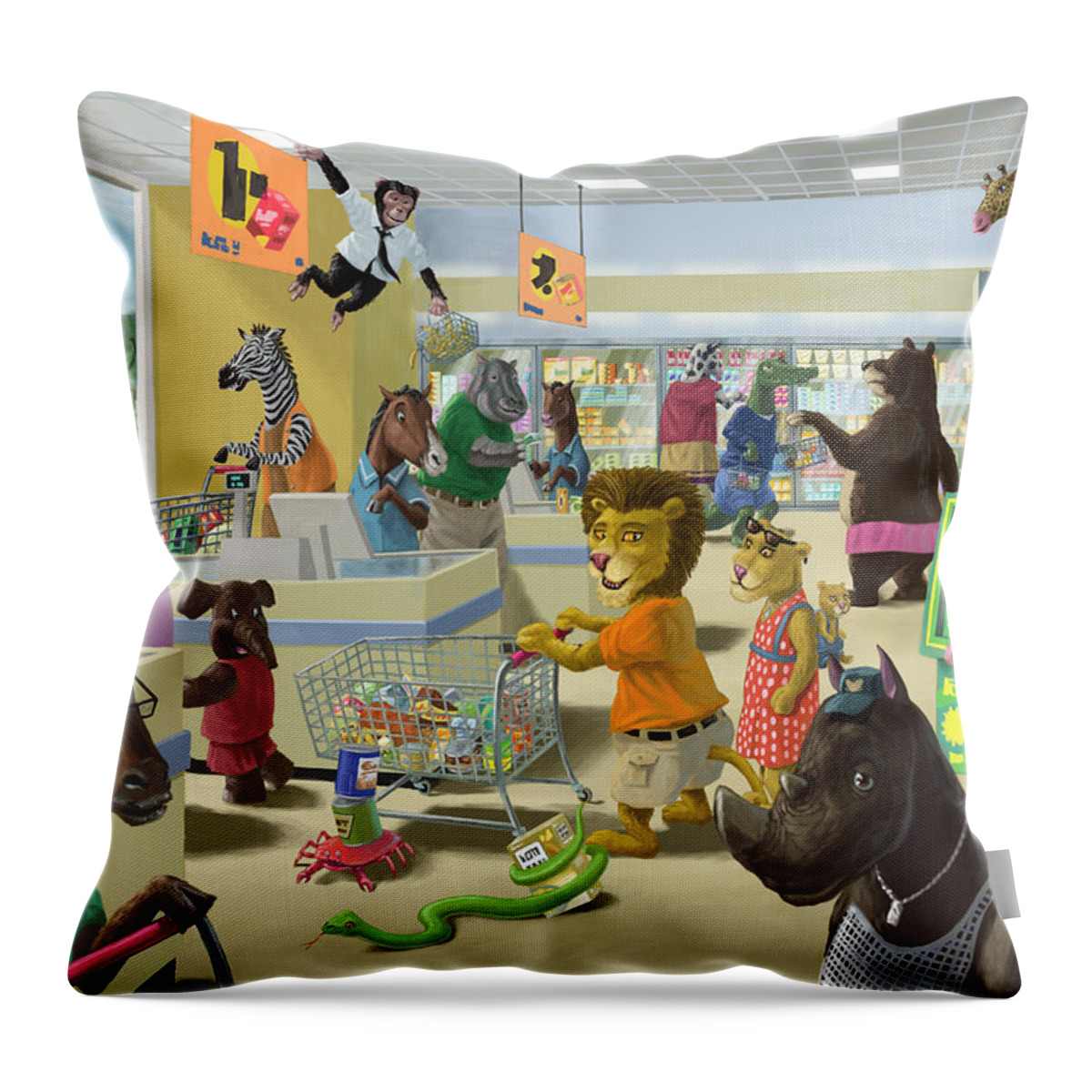 Supermarket Throw Pillow featuring the painting Animal Supermarket by Martin Davey