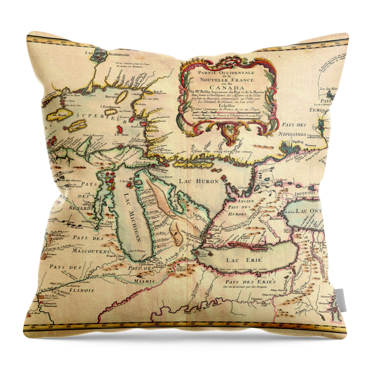 Map Throw Pillow featuring the drawing Antique French Map of the Great Lakes 1755 by Mountain Dreams