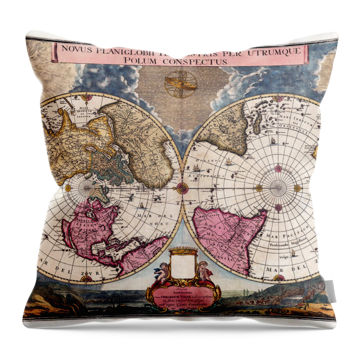 Antique Map Throw Pillow featuring the photograph Antique World Map 1695 Novus Planiglobii Terrestris per Utrumque Polum Conspectus by Karon Melillo DeVega