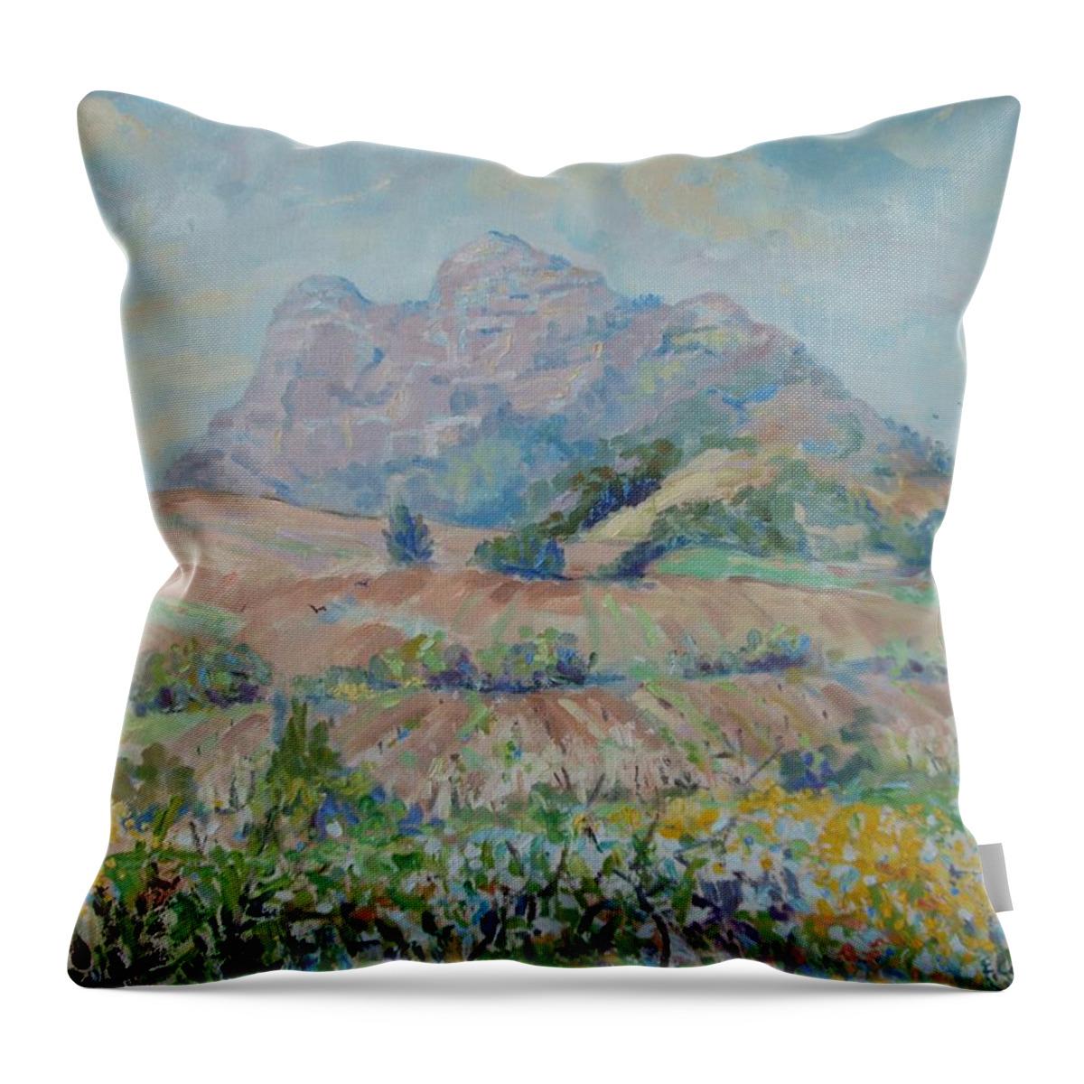 Landscape In South Africa's Western Cape Region.  Distant Mountain Called The Simonsberg Throw Pillow featuring the painting Anura Vineyards in Spring 3 by Elinor Fletcher