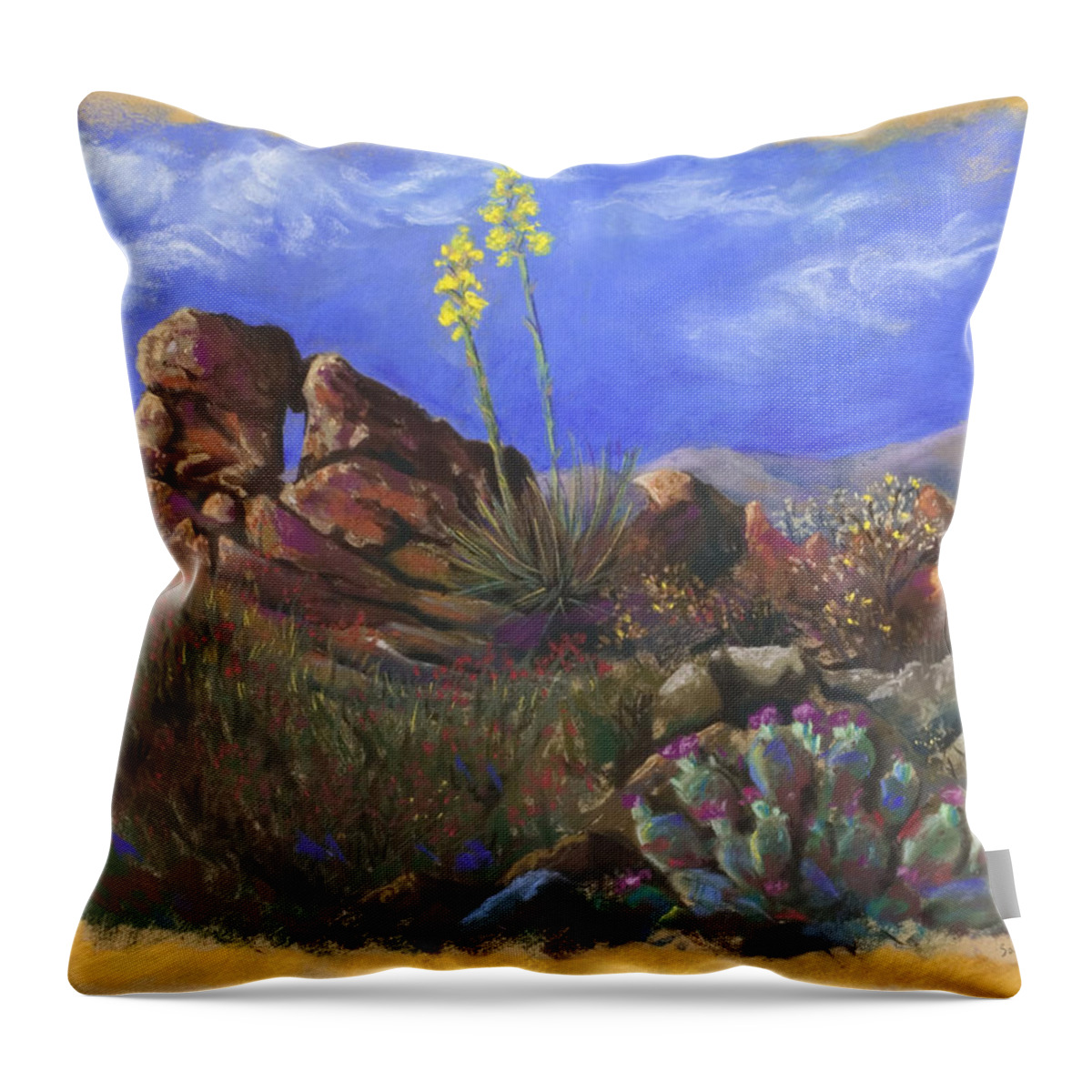 Landscape Desert Cactus California Anza Borrego Rocks Prickly Pear Yucca Purple Red Gold Blue Chaparral Mountains Majestic Throw Pillow featuring the pastel Anza Borrego April by Brenda Salamone
