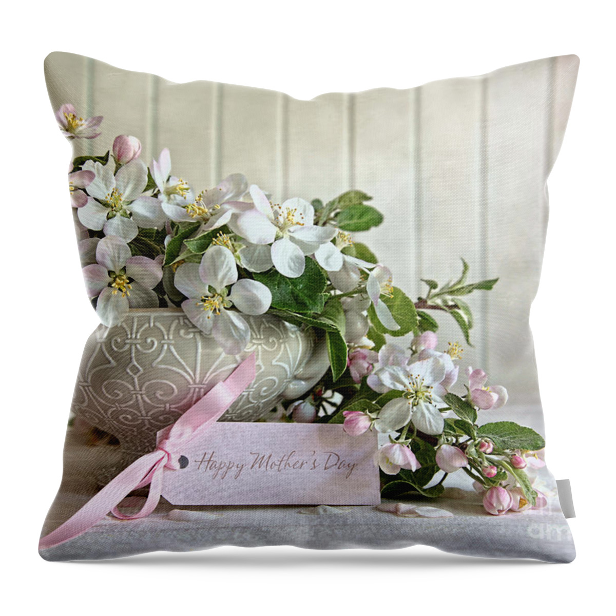 Apple Throw Pillow featuring the photograph Apple blossom flowers in vase with gift card by Sandra Cunningham