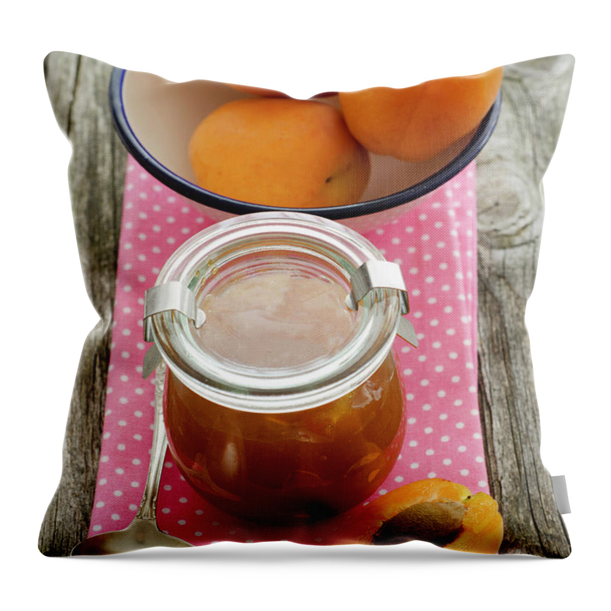 Spoon Throw Pillow featuring the photograph Apricot Jam With Bowl Of Apricots On by Westend61