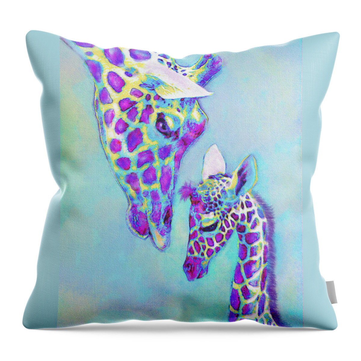 Jane Schnetlage Throw Pillow featuring the digital art Aqua And Purple Loving Giraffes by Jane Schnetlage