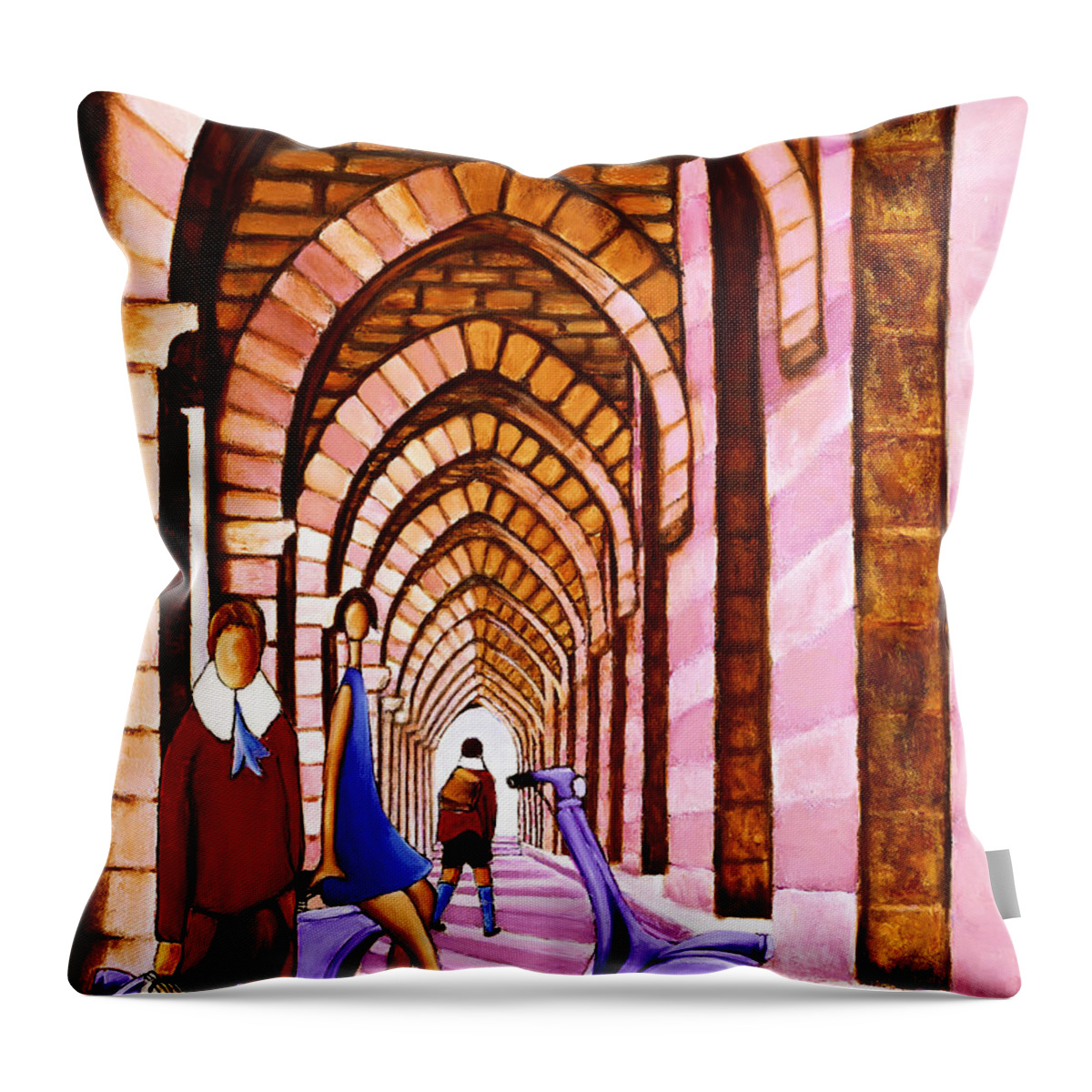 Mediterranean Village Life Throw Pillow featuring the painting Arches Vespa And Flower Girl by William Cain