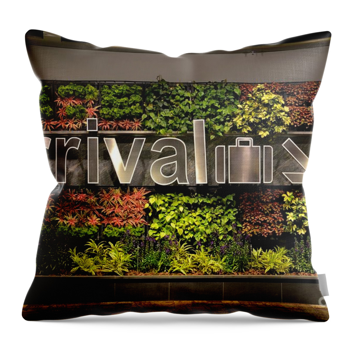  Arrival Throw Pillow featuring the photograph Arrival sign arrow and flowers at Singapore Changi airport by Imran Ahmed