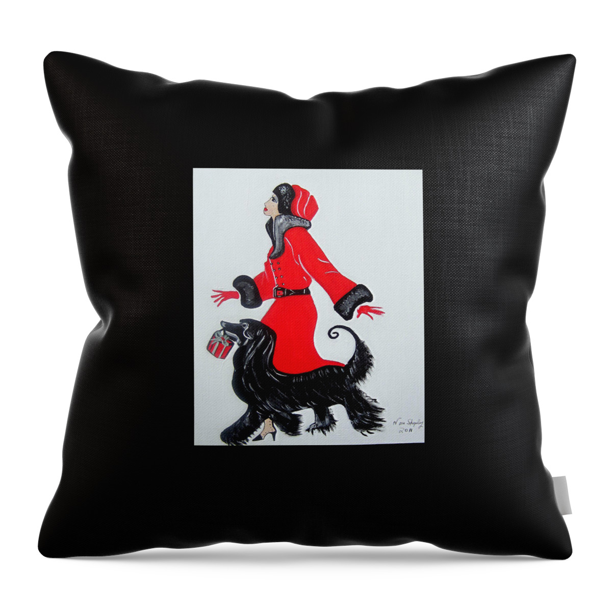 Art Deco  Girl With Red Coat Throw Pillow featuring the painting Art Deco Girl With Red Coat by Nora Shepley