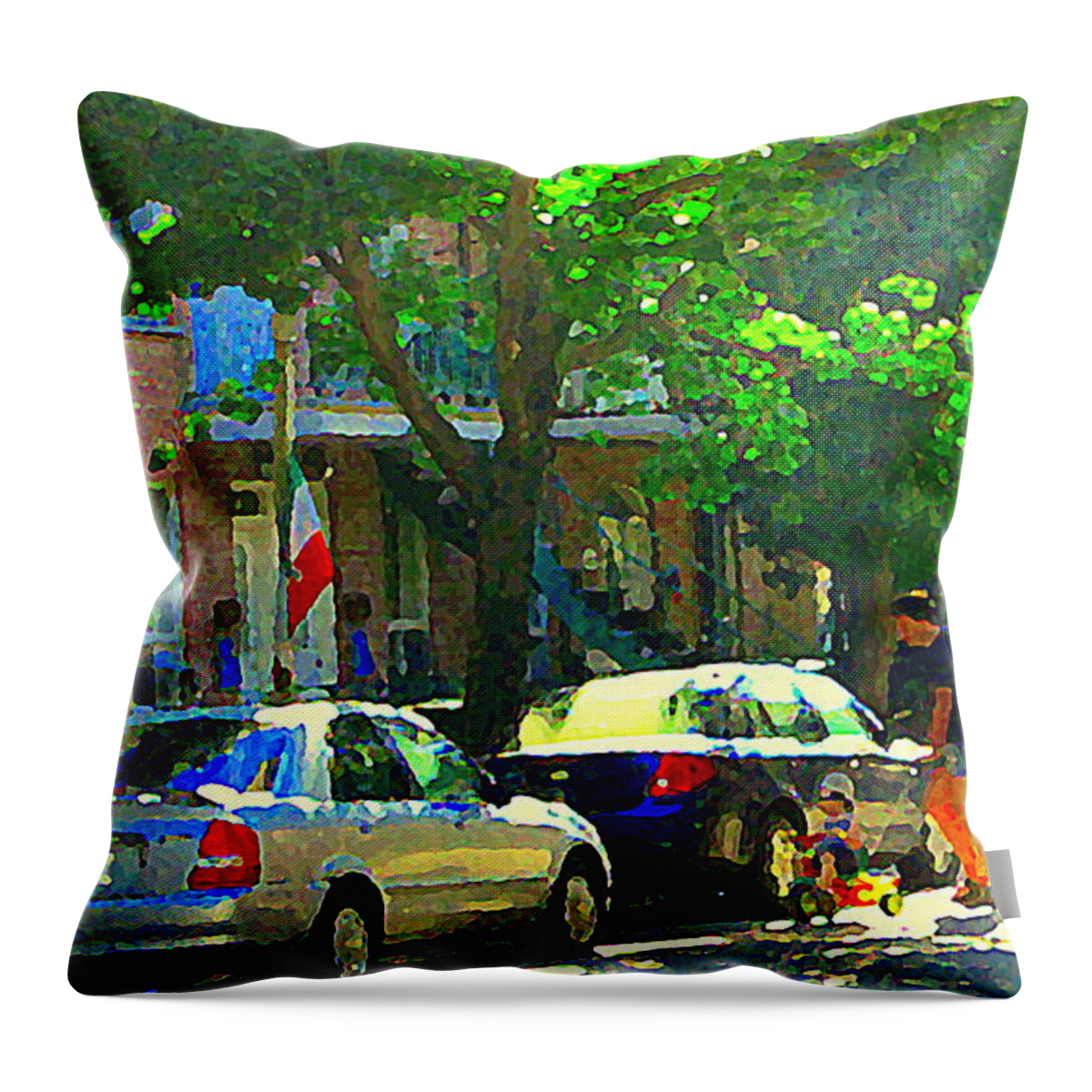 Montreal Throw Pillow featuring the painting Art Of Montreal Day With Daddy And Yellow Wagon Zooming Our Streets Of Verdun Scene Carole Spandau by Carole Spandau