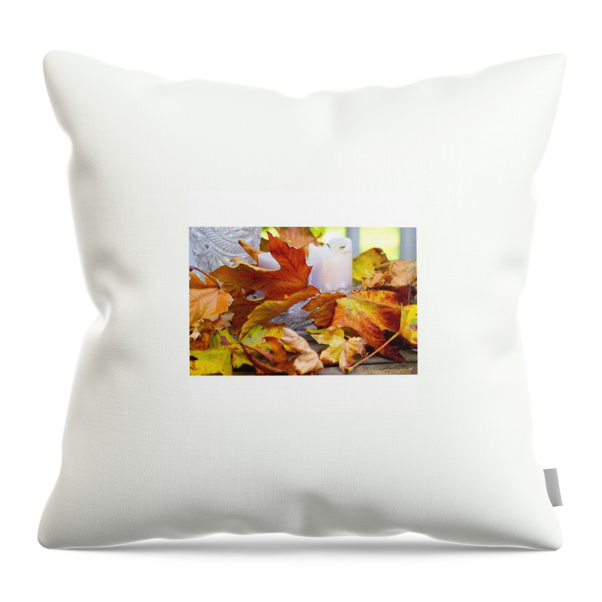 Still Life Throw Pillow featuring the photograph Maple leaves candles and crystal #1 by Anna Porter