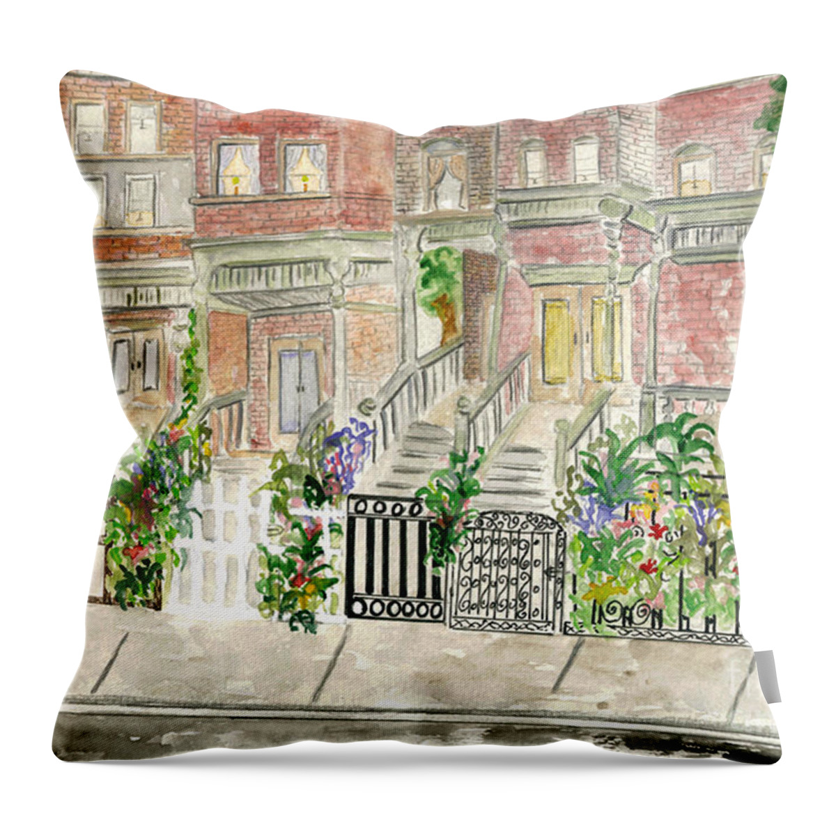 Astor Row Throw Pillow featuring the painting Astor Row in Harlem by AFineLyne