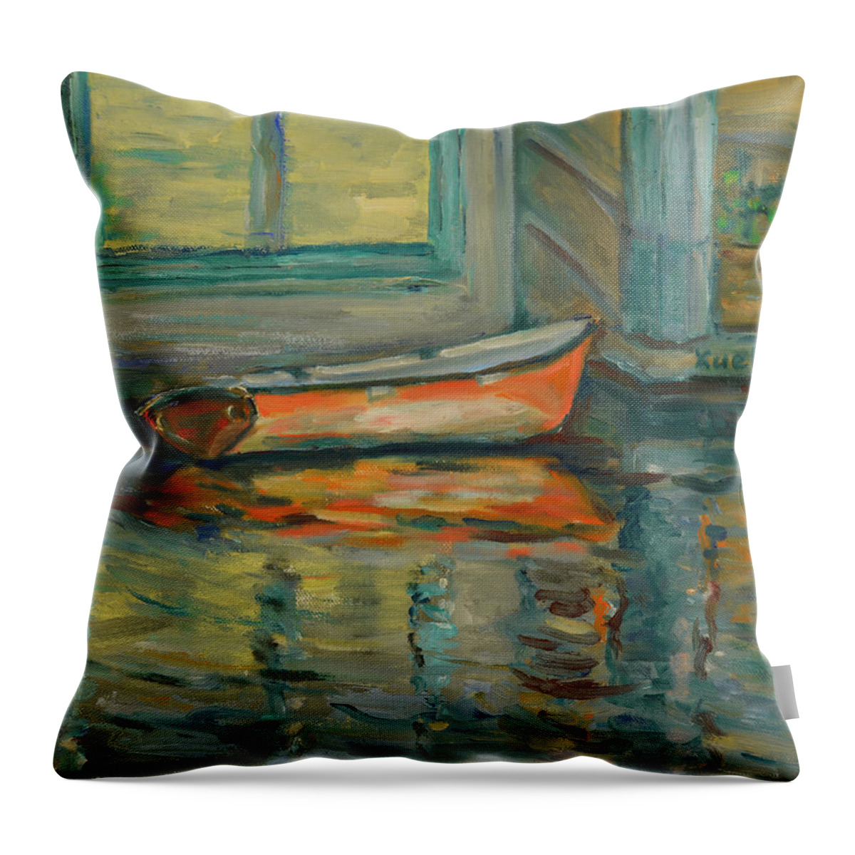 At Boat House Throw Pillow featuring the painting At Boat House 2 by Xueling Zou