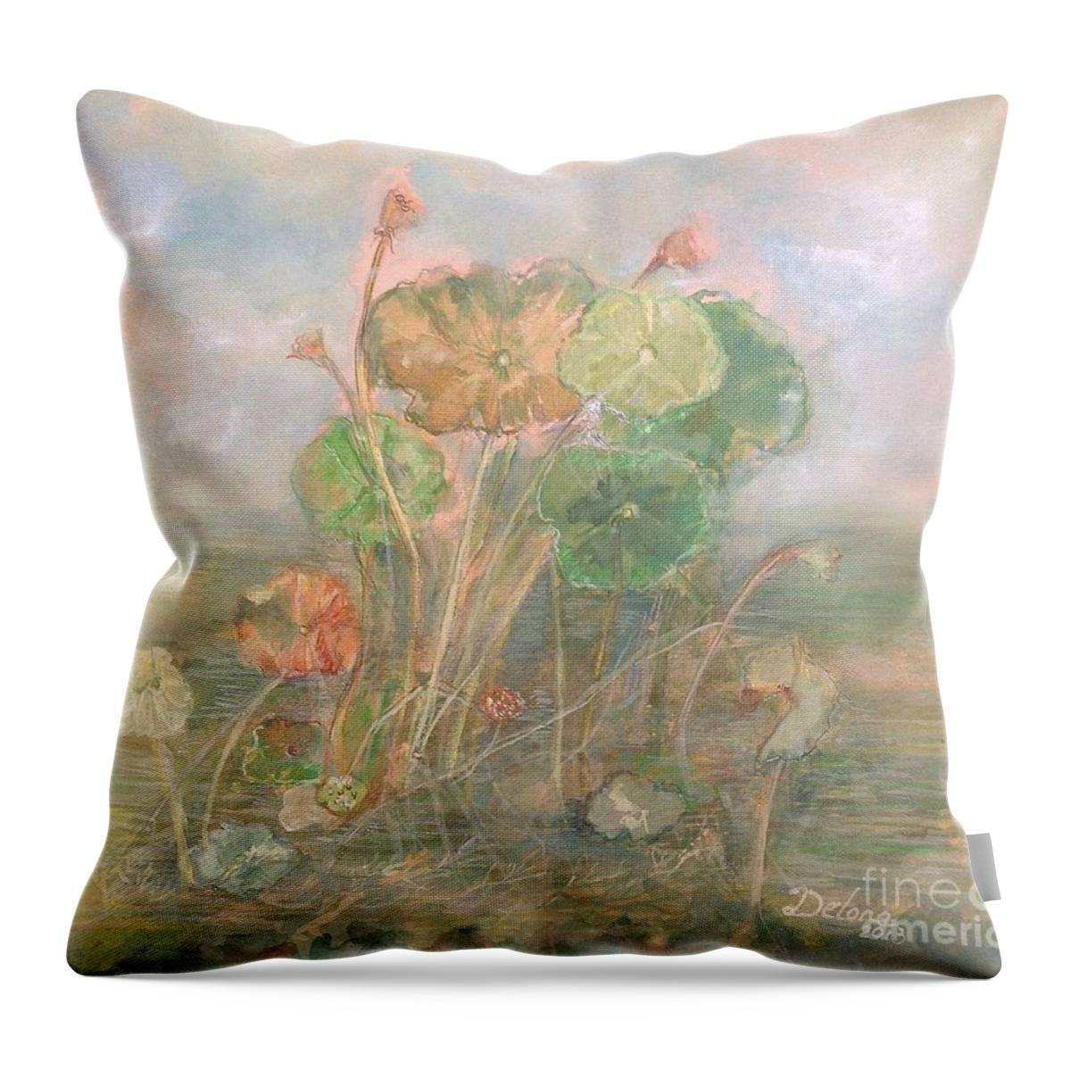 Pond Prints Throw Pillow featuring the painting At the pond by Delona Seserman