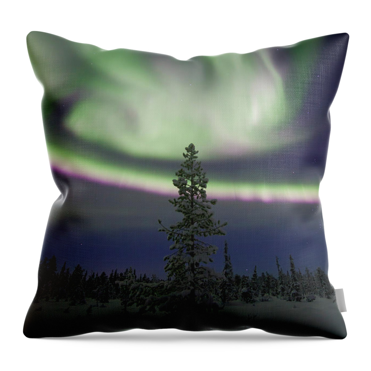Extreme Terrain Throw Pillow featuring the photograph Aurora Borealis Over A Frozen Forest by Antonyspencer