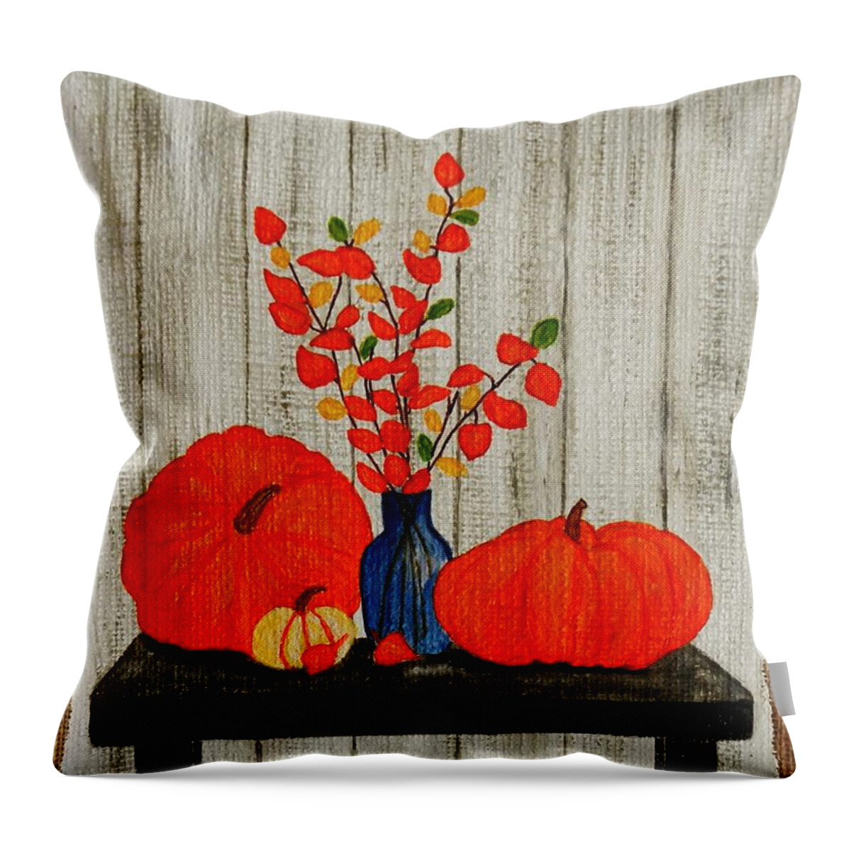Pumpkins And Floral Arrangement Painted On Burlap Art Prints Throw Pillow featuring the painting Autumn Arrangement by Celeste Manning