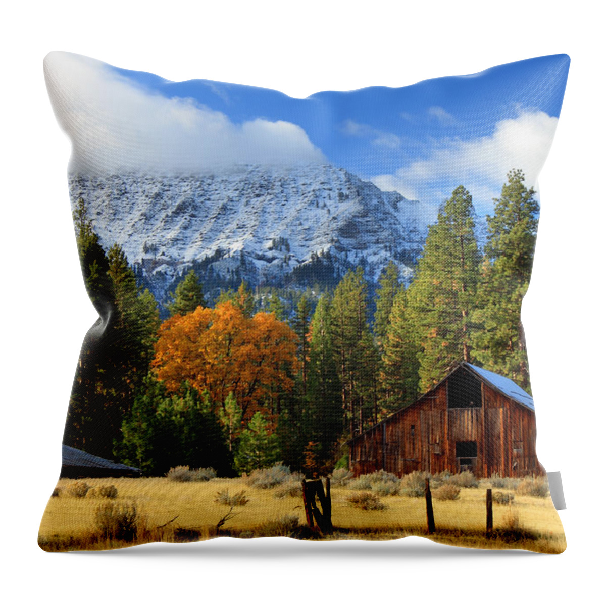 Autumn Throw Pillow featuring the photograph Autumn Barn At Thompson Peak by James Eddy