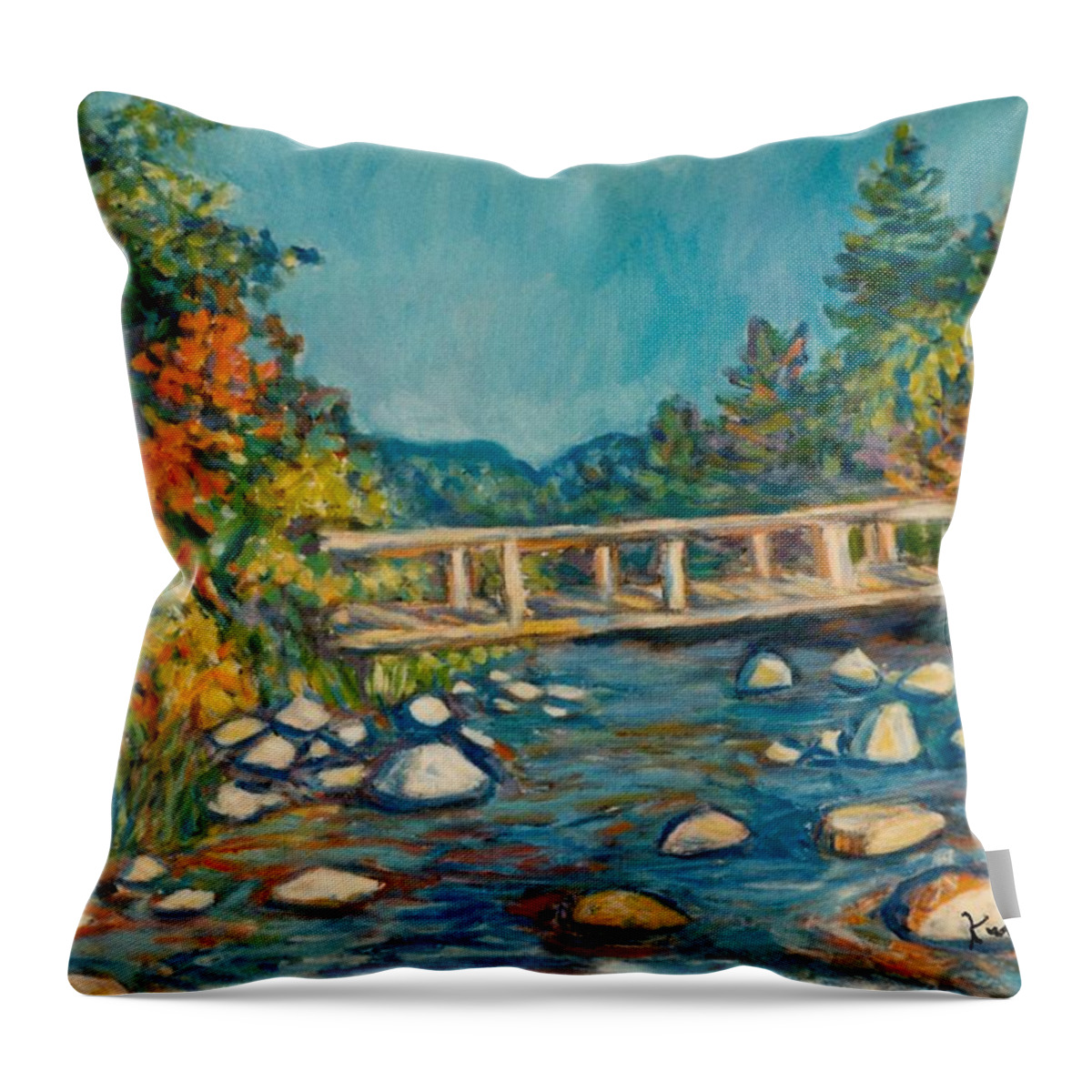Kendall Kessler Throw Pillow featuring the painting Autumn Bridge by Kendall Kessler
