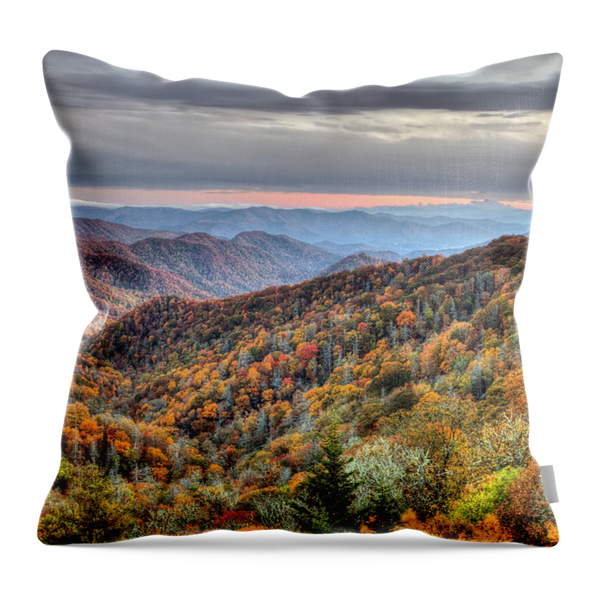 Blue Ridge Parkway Throw Pillow featuring the photograph Autumn colors on the Blue Ridge Parkway at sunset by Pierre Leclerc Photography