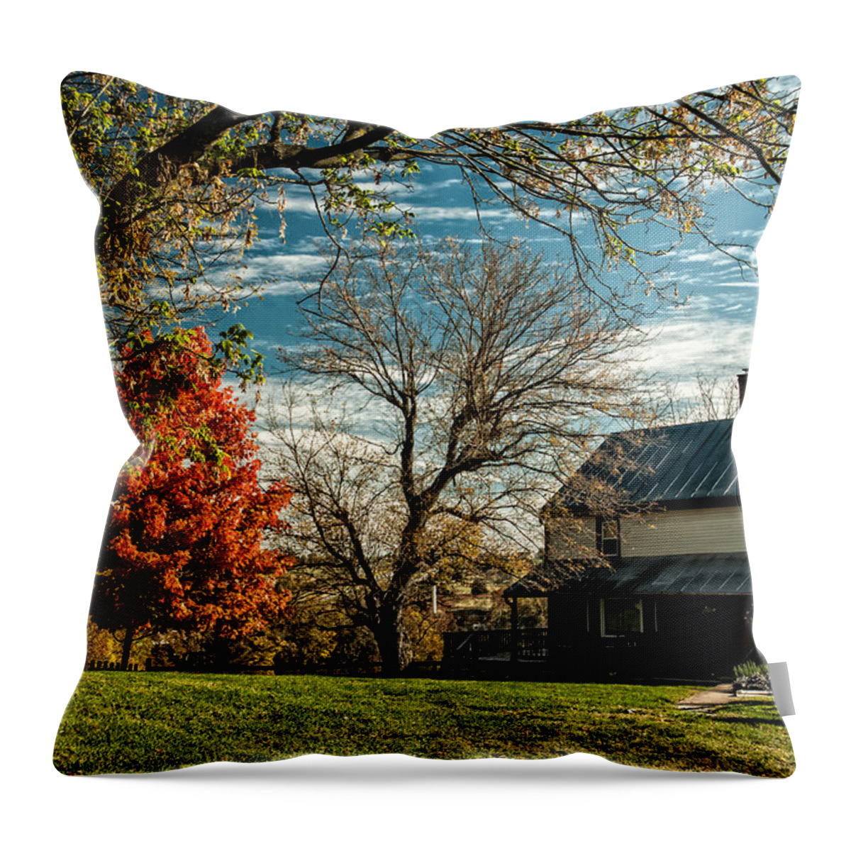 Autumn In The Shenandoah Valley Throw Pillow featuring the photograph Autumn Farm House by Lara Ellis