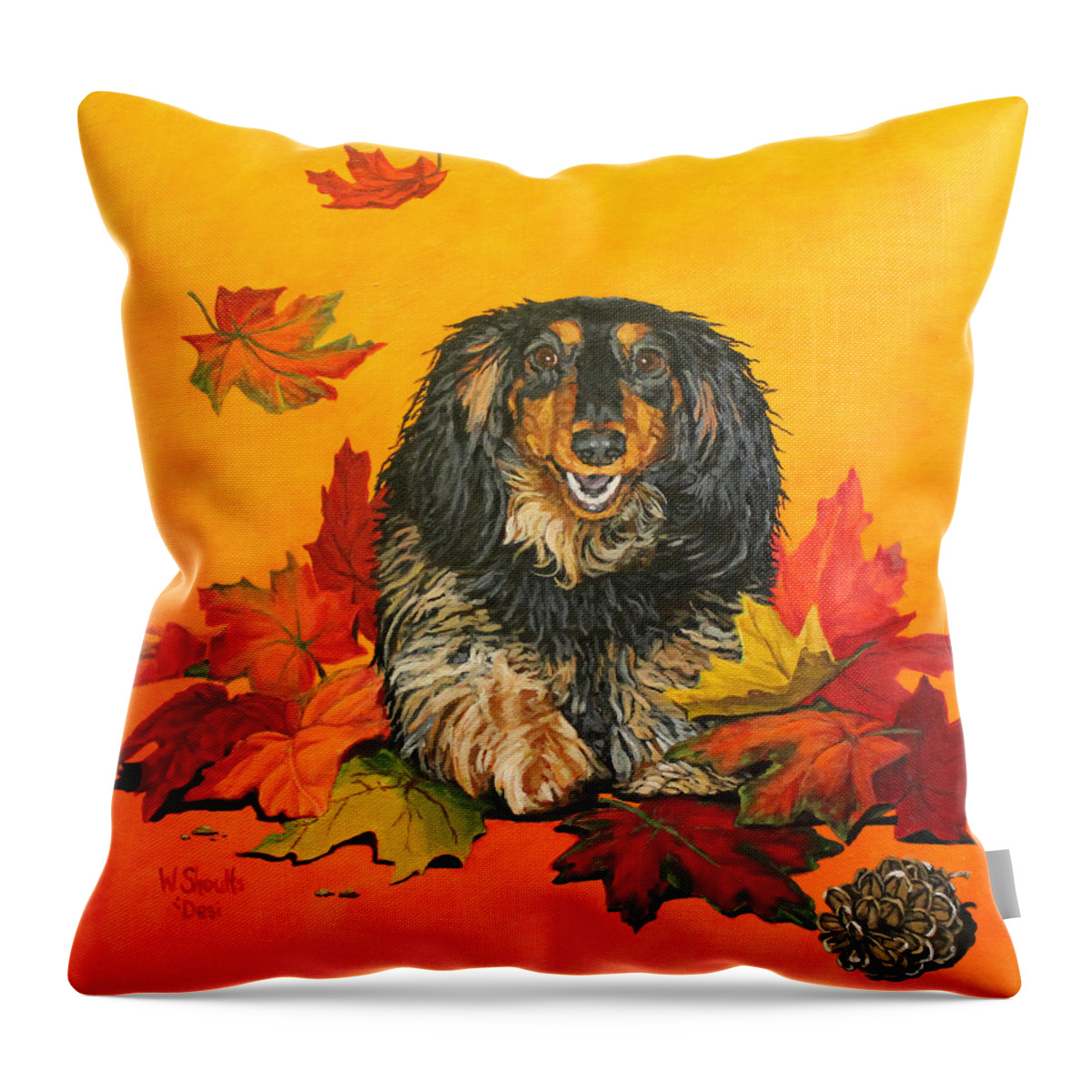Daschund Throw Pillow featuring the painting Autumn Fun by Wendy Shoults