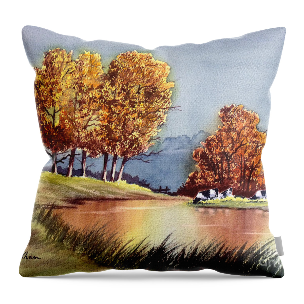 Bill Holkham Throw Pillow featuring the painting Autumn Golds by Bill Holkham