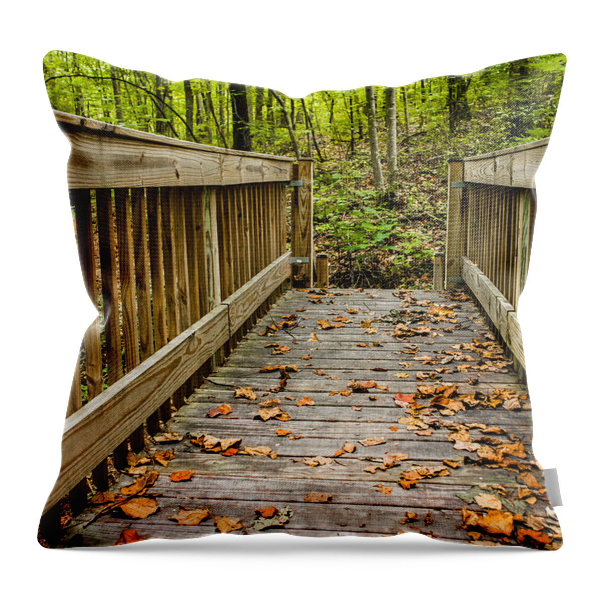 Autumn On The Bridge Throw Pillow featuring the photograph Autumn on the Bridge by Parker Cunningham