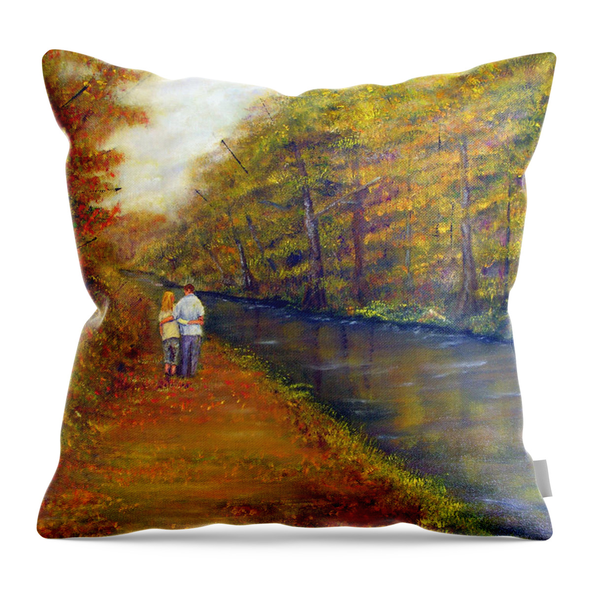 Loretta Luglio Throw Pillow featuring the painting Autumn On The Towpath by Loretta Luglio