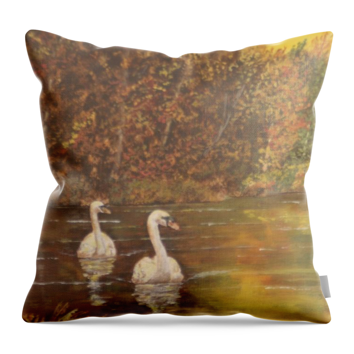 Autumn Throw Pillow featuring the painting Autumn swans left by David Capon