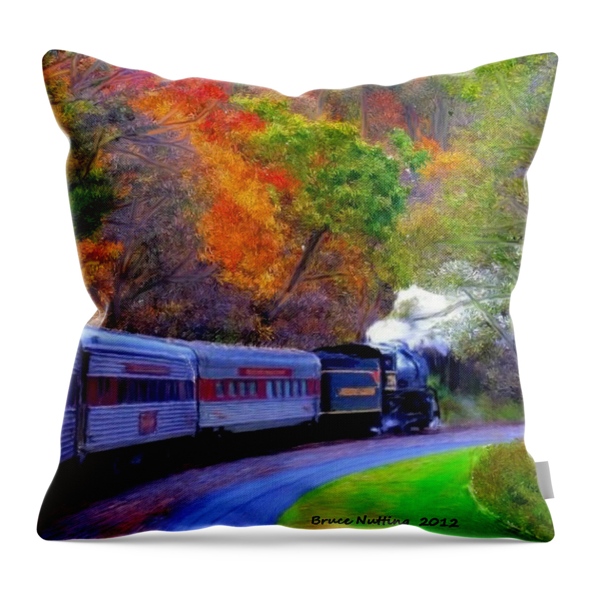 Trees Throw Pillow featuring the painting Autumn Train by Bruce Nutting