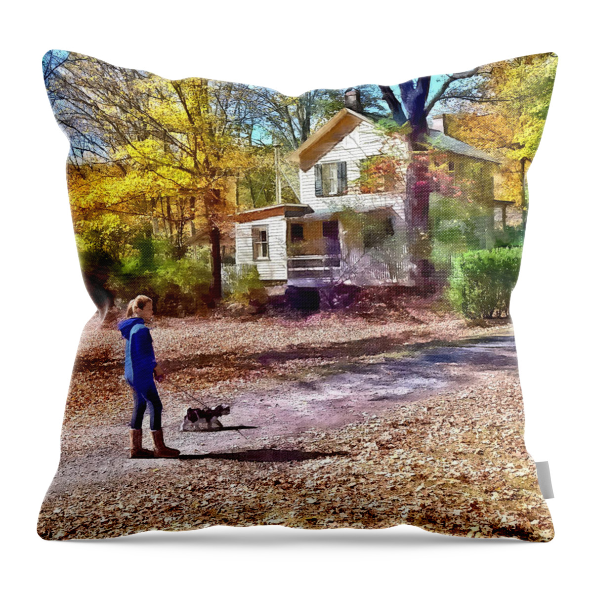 Dog Throw Pillow featuring the photograph Autumn - Walking the Dog by Susan Savad