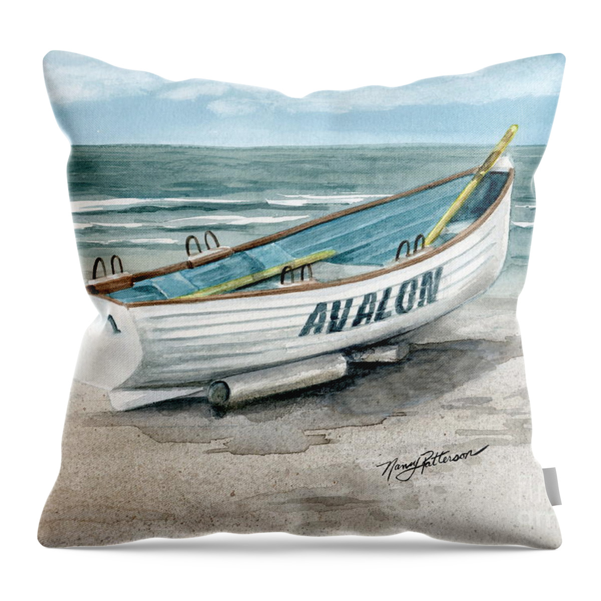 Lifeguard Boat Throw Pillow featuring the painting Avalon Lifeguard Boat by Nancy Patterson