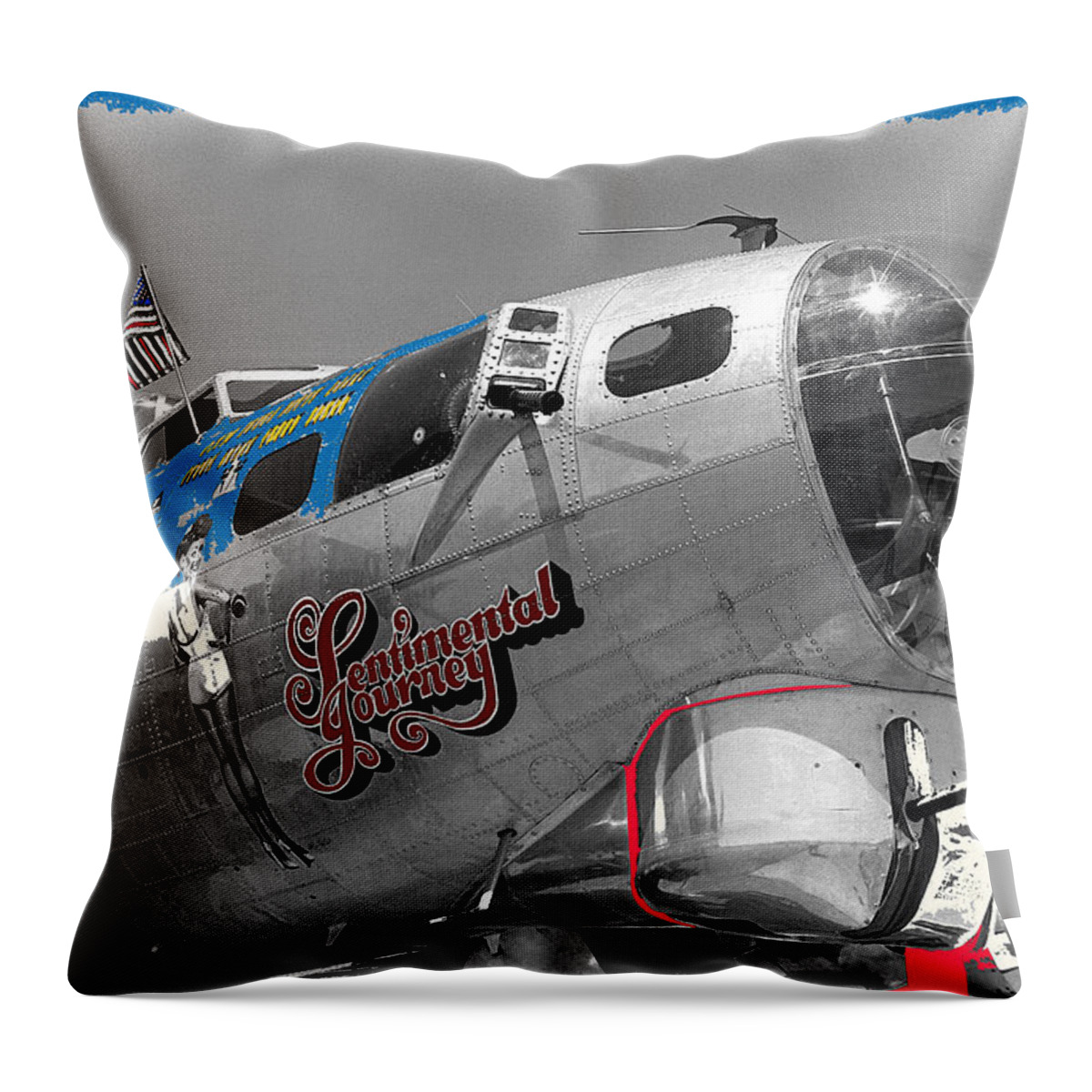 B-17g Flying Fortress Sentimental Journey 2 Avra Valley Arizona 1991 Color Added 2008 Throw Pillow featuring the photograph B-17G Flying Fortress Sentimental Journey 2 Avra Valley Arizona 1991 color added 2008 by David Lee Guss