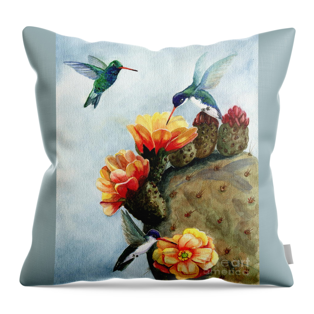 Hummingbirds Throw Pillow featuring the painting Baby Makes Three by Marilyn Smith