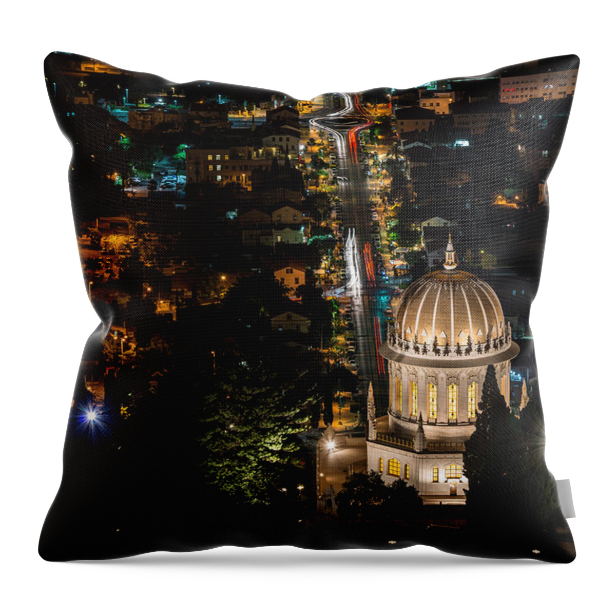 Carmel Throw Pillow featuring the photograph Baha'i temple at night by Michael Goyberg