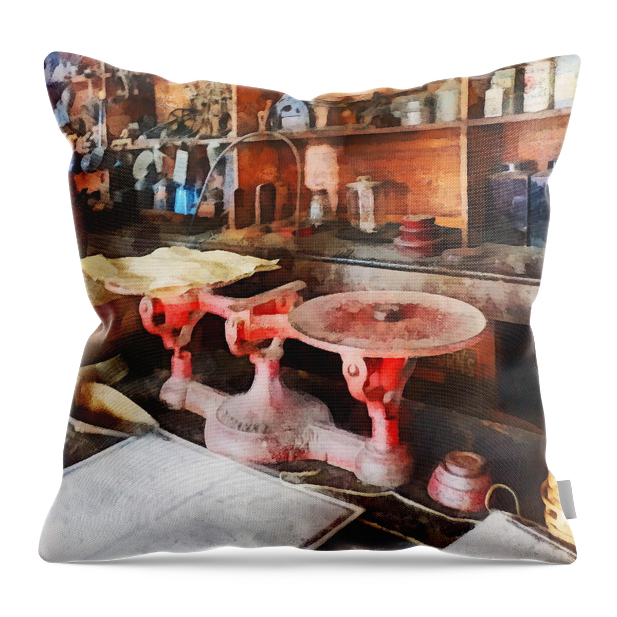 Scale Throw Pillow featuring the photograph Balance Scale in General Store by Susan Savad