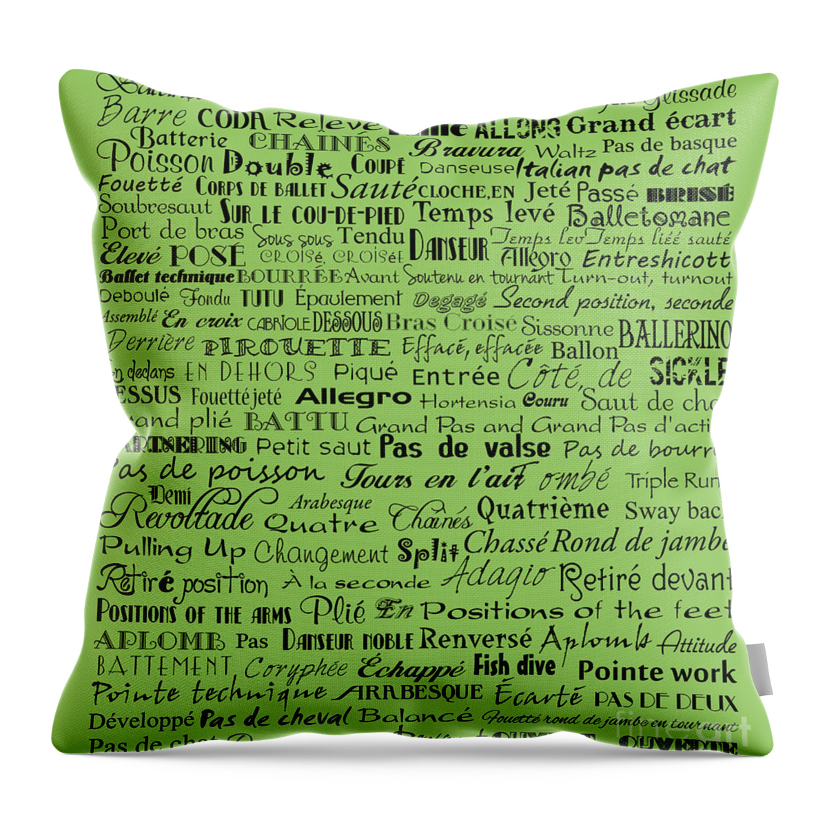 Ballet Terms Throw Pillow featuring the digital art Ballet Terms Black On Green by Andee Design