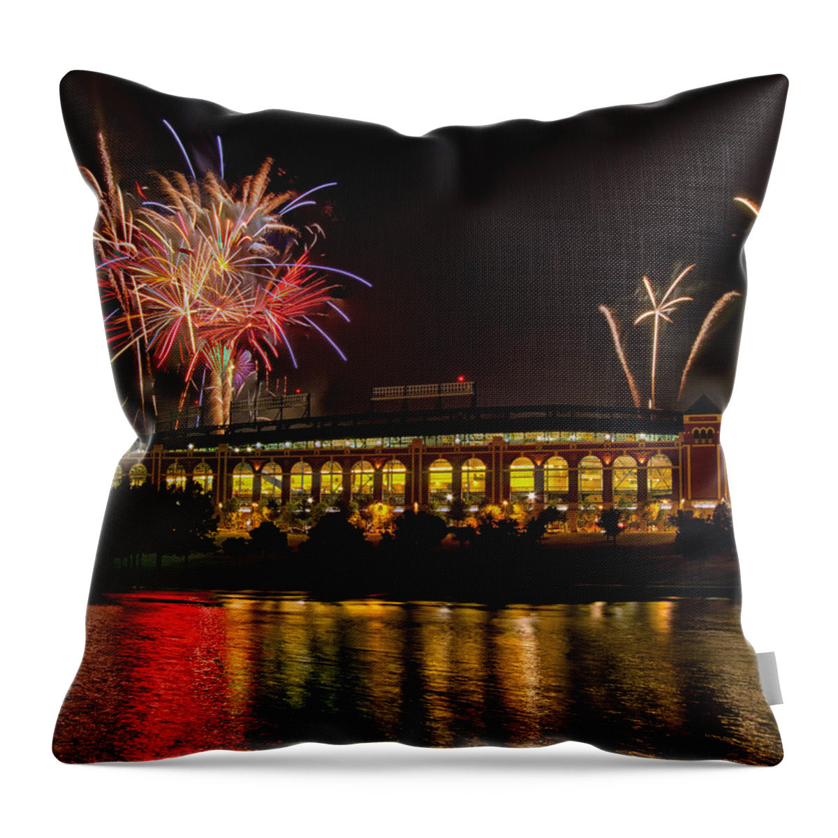 Fireworks Throw Pillow featuring the photograph Ballpark Fireworks by Debby Richards