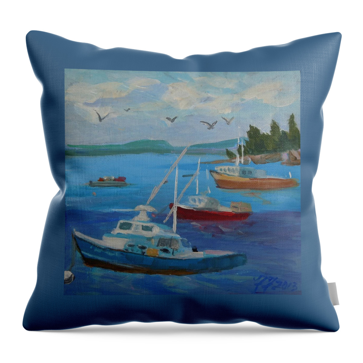 Seascape Throw Pillow featuring the painting Bar Harbor Lobster Boats by Francine Frank