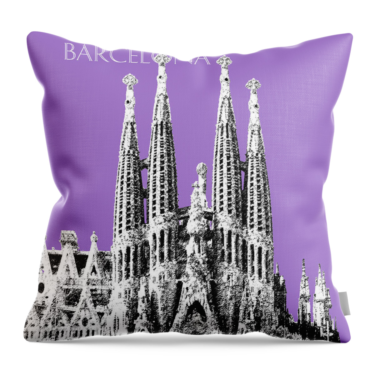 Architecture Throw Pillow featuring the digital art Barcelona Skyline La Sagrada Familia - Violet by DB Artist