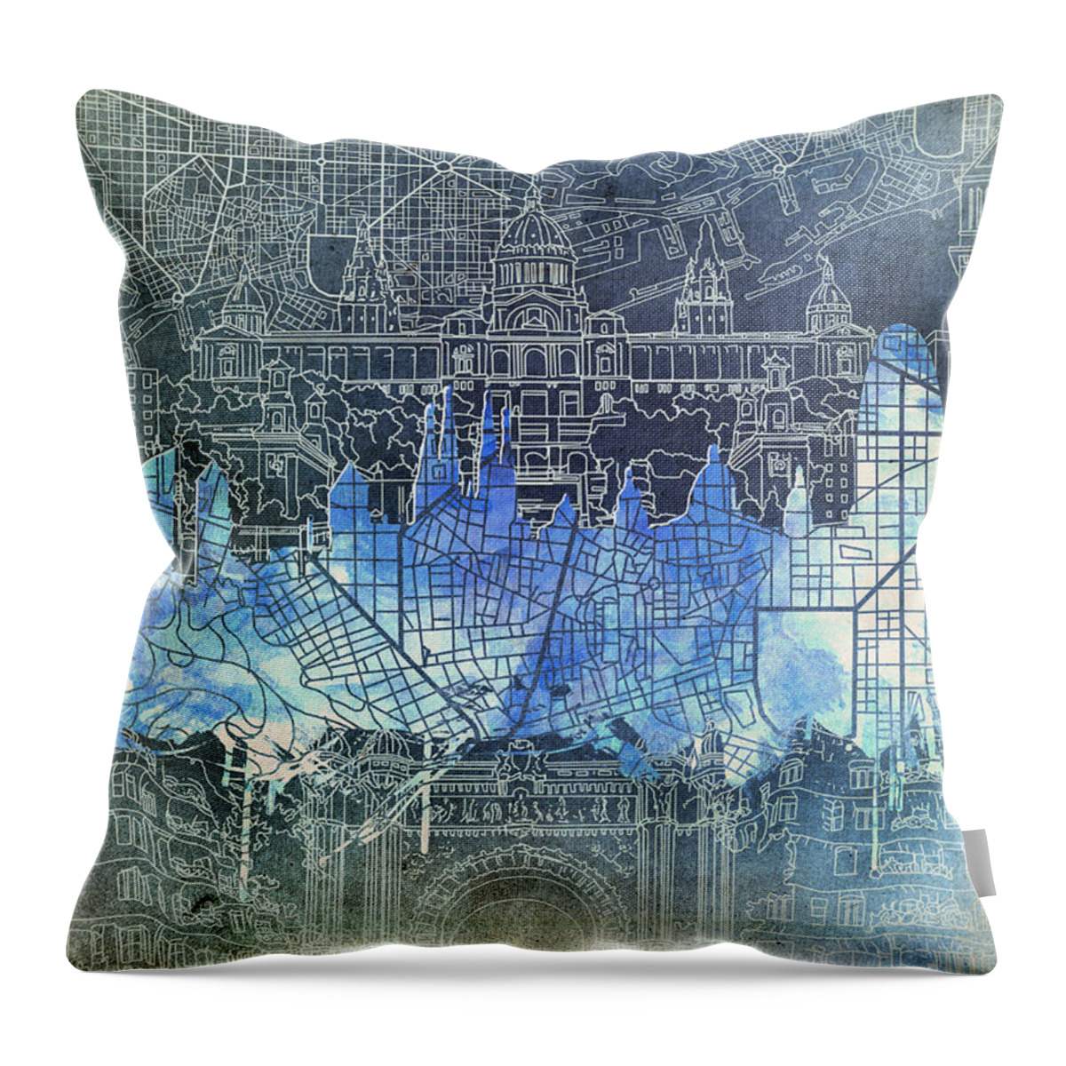 Barcelona Throw Pillow featuring the painting Barcelona Skyline Vintage by Bekim M