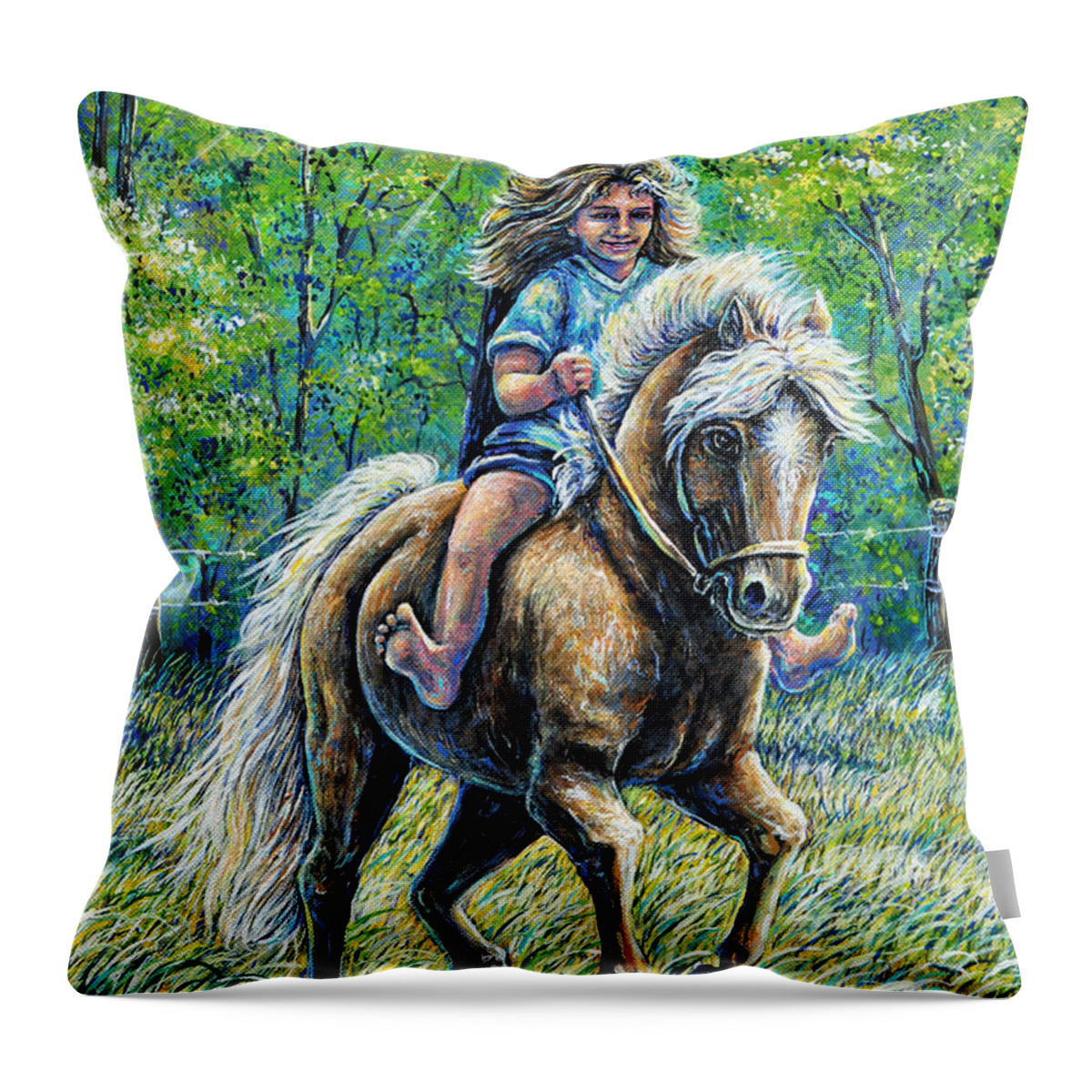 Girl Throw Pillow featuring the painting Barefoot Rider by Gail Butler