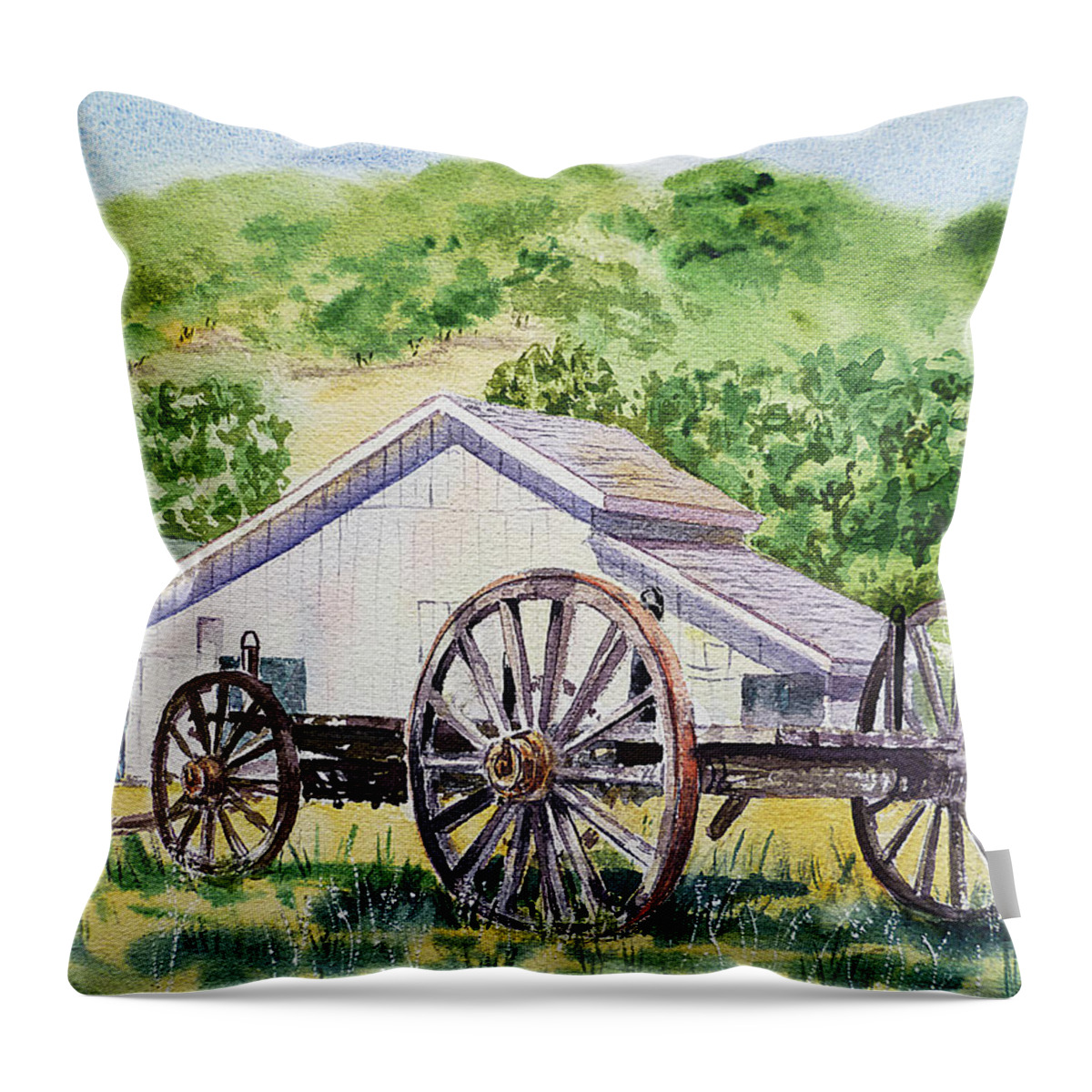 Barn Throw Pillow featuring the painting Barn and Old Wagon at Eugene O Neill Tao House by Irina Sztukowski