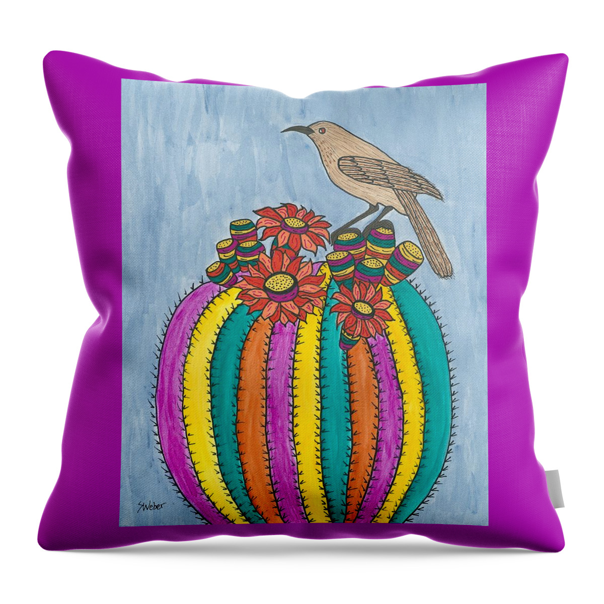 Cactus Throw Pillow featuring the painting Barrel of Cactus Fun by Susie Weber
