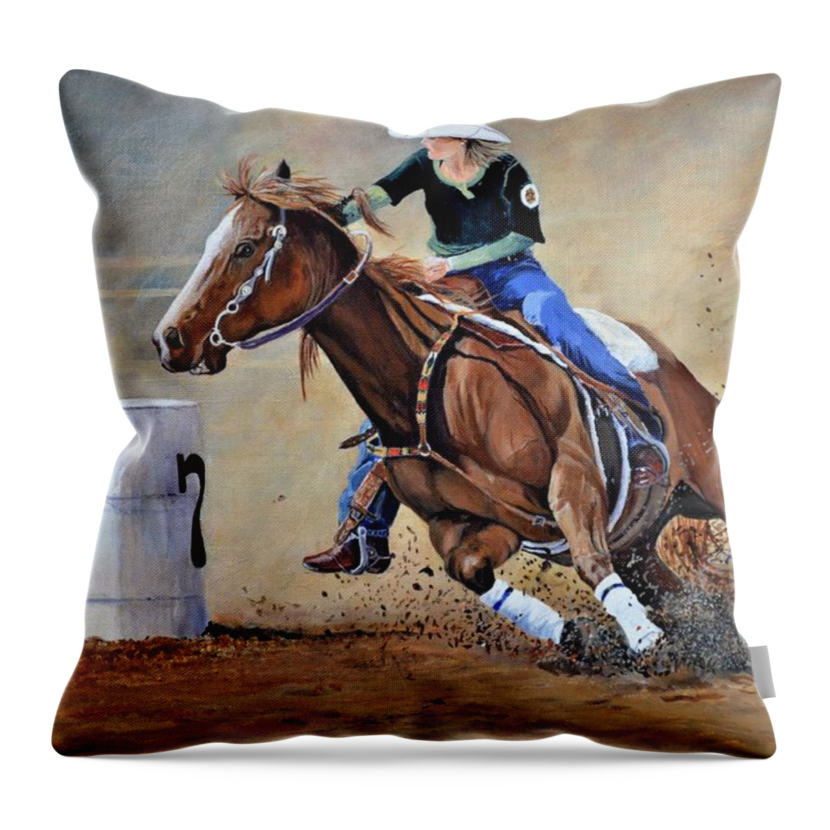 Rodeo Throw Pillow featuring the painting Barrel Racer by Barry BLAKE