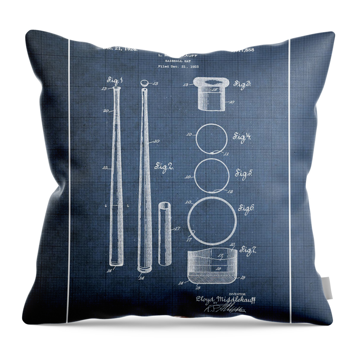 C7 Sports Patents And Blueprints Throw Pillow featuring the digital art Baseball bat by Lloyd Middlekauff - Vintage Patent Blueprint by Serge Averbukh