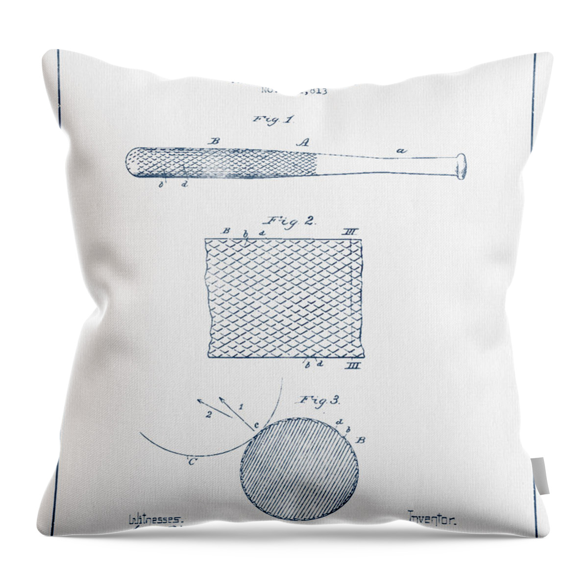 Baseball Throw Pillow featuring the digital art Baseball Bat Patent Drawing From 1904 - Blue Ink by Aged Pixel