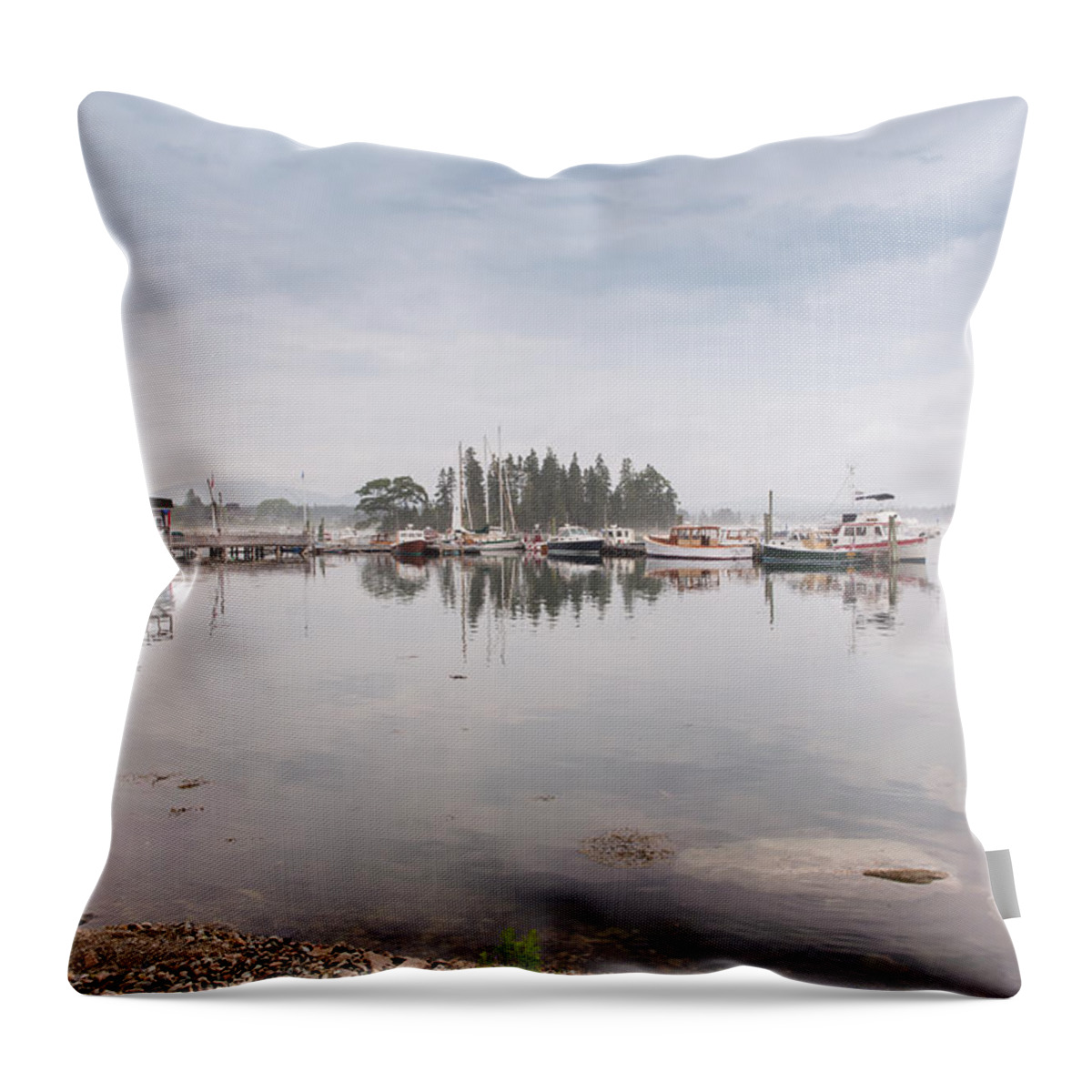 Bass Harbor Throw Pillow featuring the photograph Bass Harbor in the Morning Fog by John M Bailey