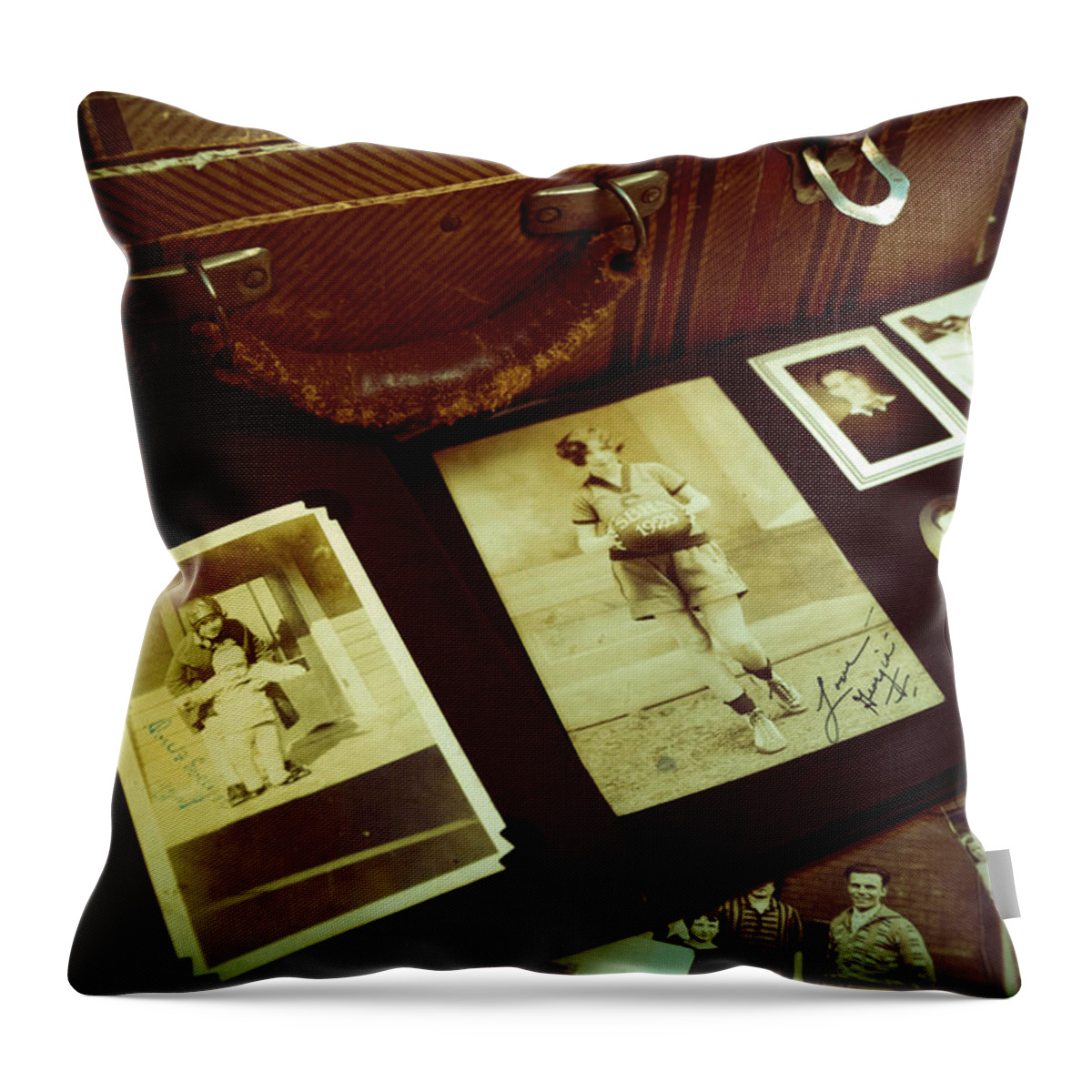 Album Throw Pillow featuring the photograph Battered Suitcase of Antique Photographs by Amy Cicconi