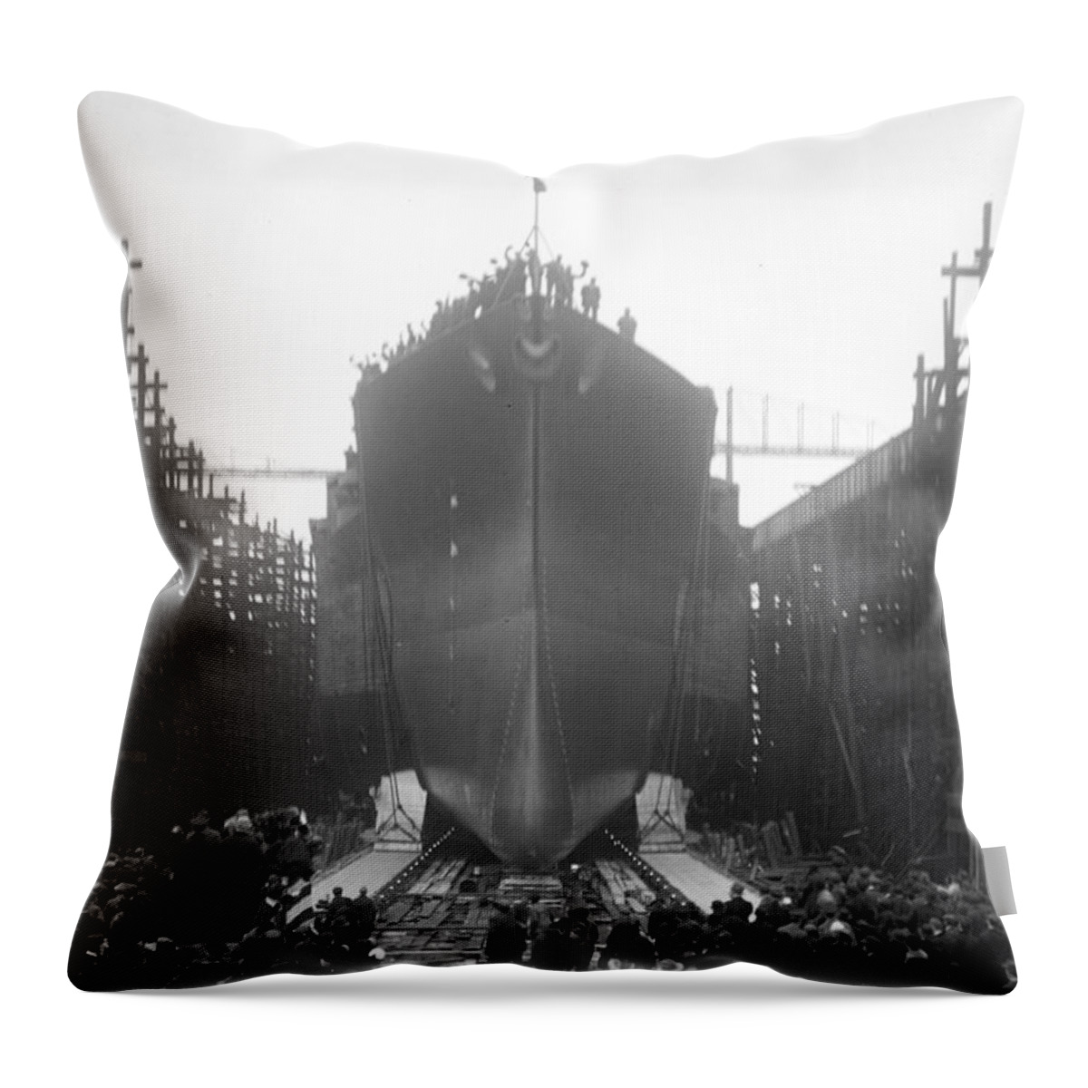 1917 Throw Pillow featuring the photograph Battleship Launch, 1917 by Granger