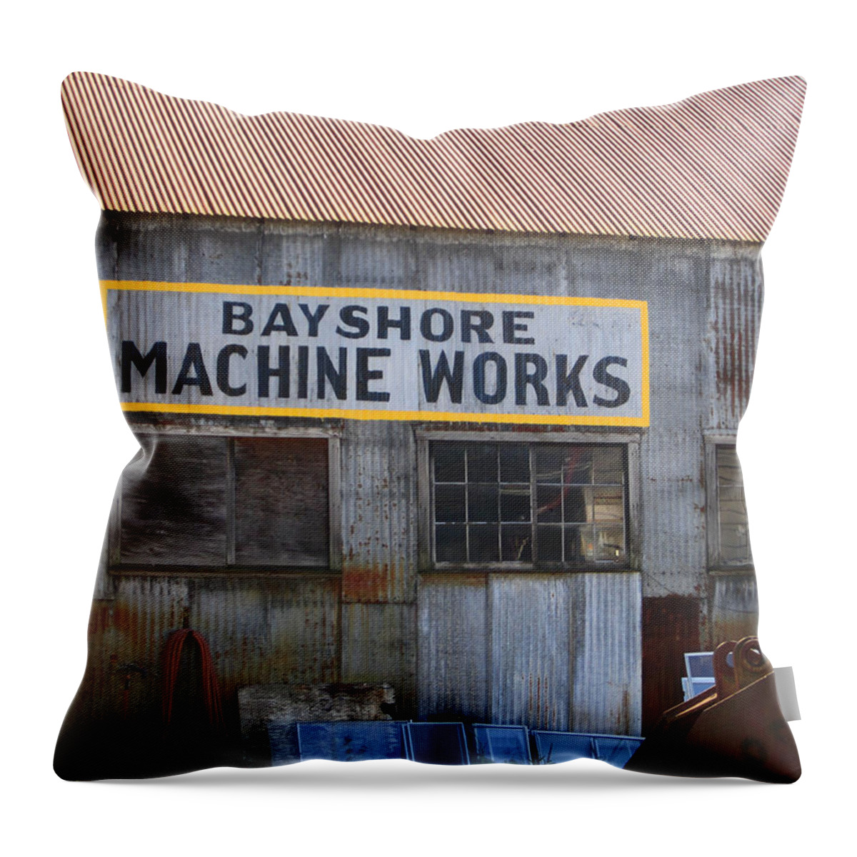 Bayshore Machine Works Sign Throw Pillow featuring the photograph Bayshore Machine Works by Kym Backland