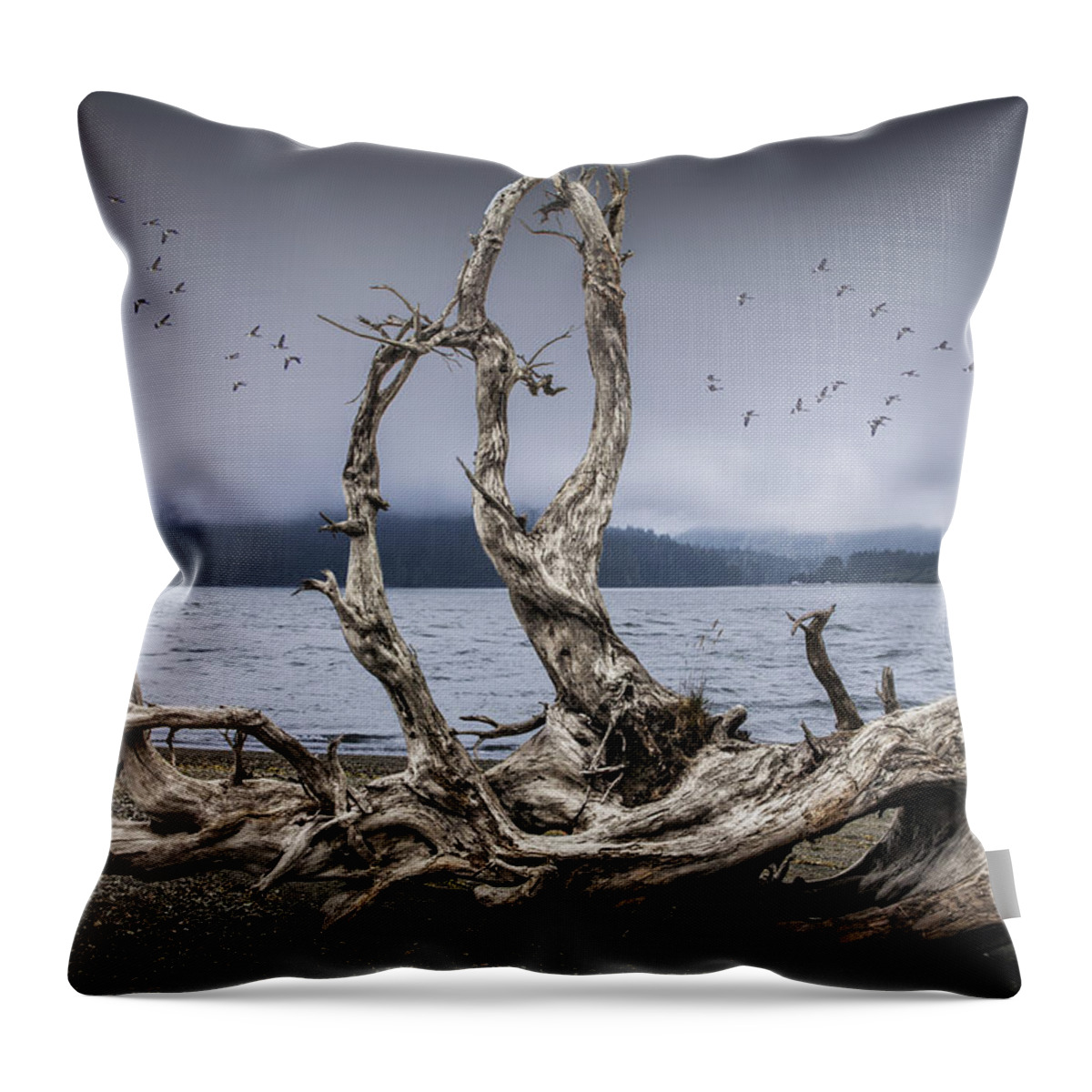 Driftwood Throw Pillow featuring the photograph Beach Driftwood Sculpture on Vancouver Island by Randall Nyhof